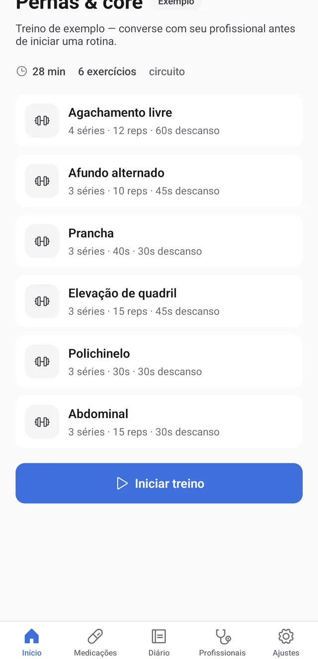 Tela de treino do app SACIA: circuito guiado com séries, repetições e descanso
